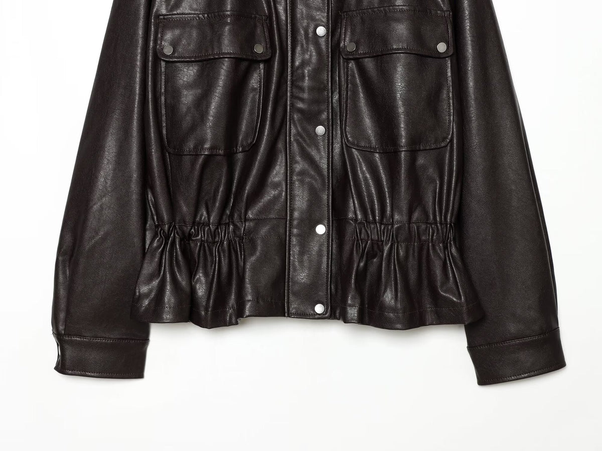 Women's skirt style hem imitation leather jacket Coat