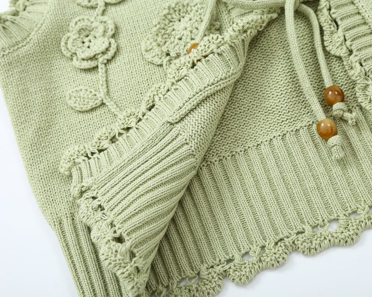 Women's flower decorated U-shaped collar tied knit cardigan