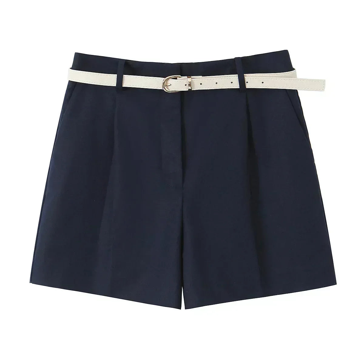 Women's New Chic Fashion Belt Decoration Casual Versatile Pleated Shorts Retro High Waist Side Pocket Women's Shorts