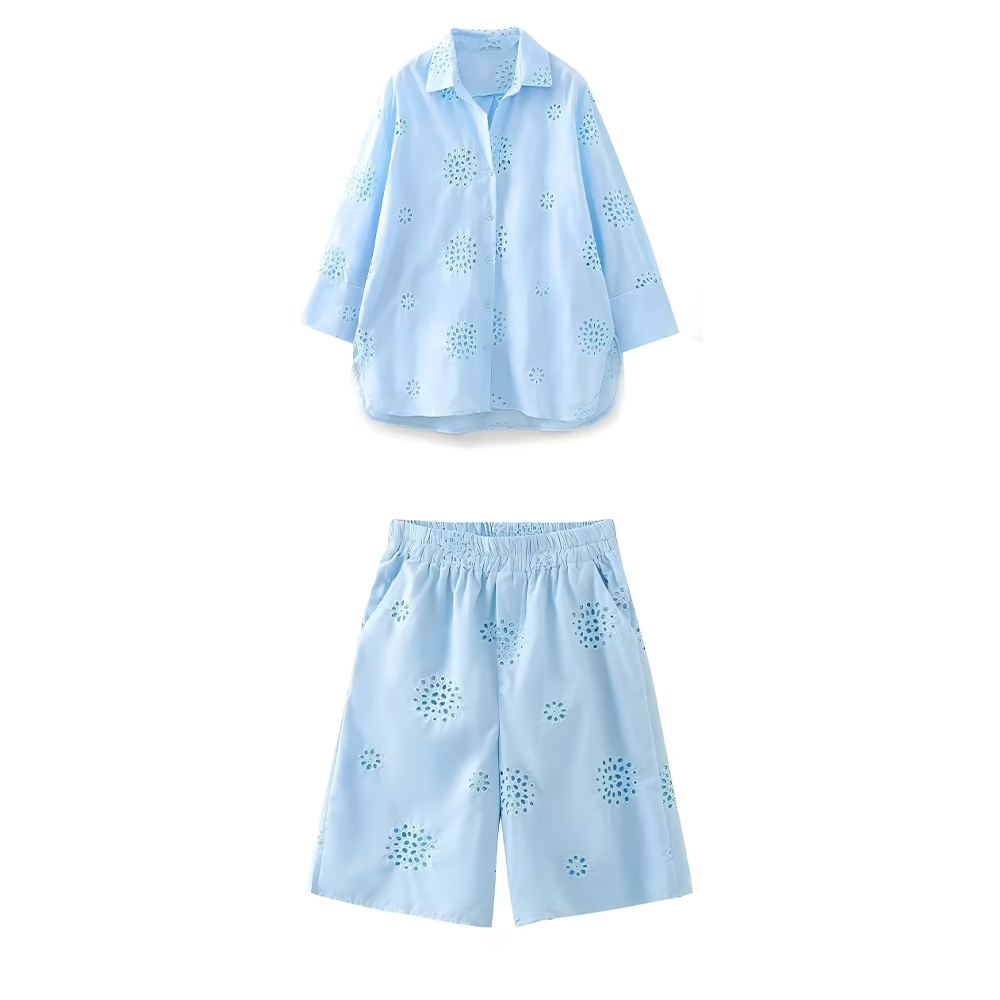 suit Women's 2 pieces loose hollow embroidered shirt+Shorts