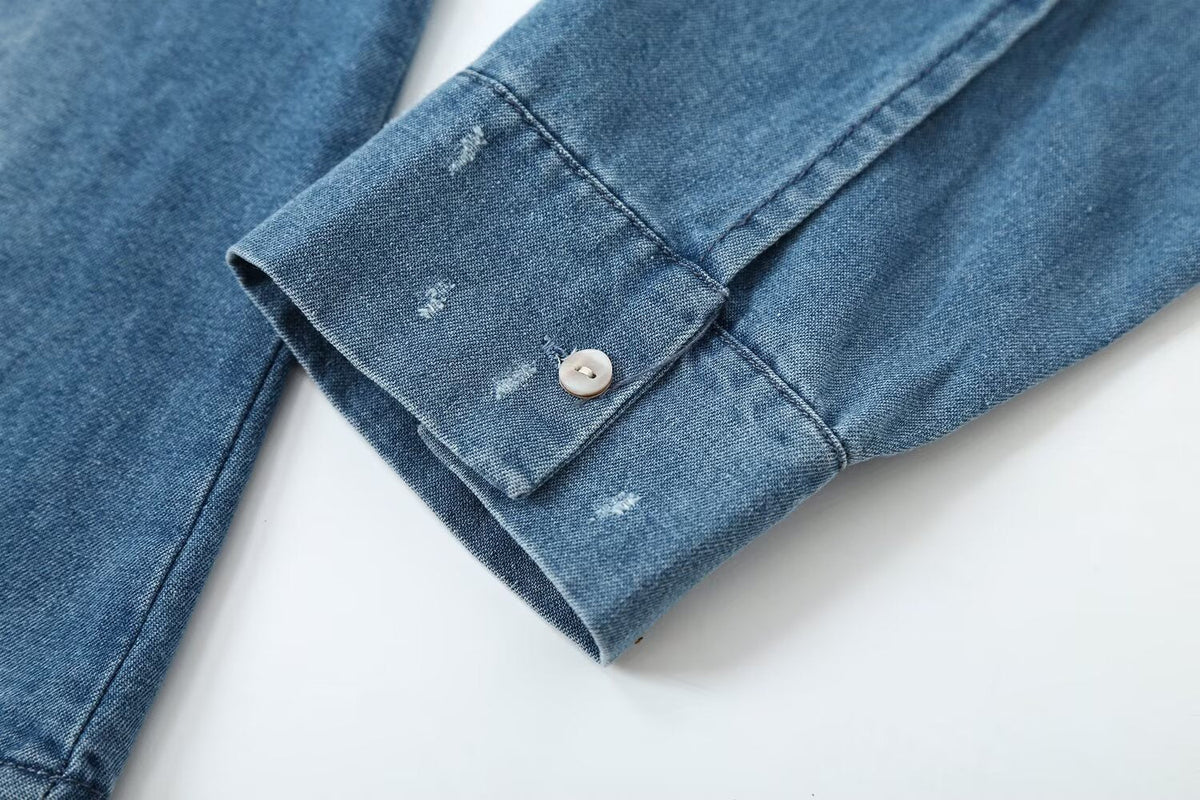 suit Women's 2 pieces shoulder Pleated decoration denim shirt+Jeans