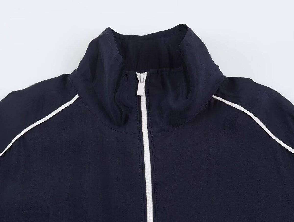 Women's stand collar contrasting striped loose Coat