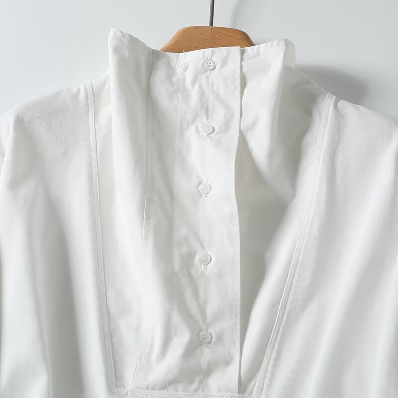 Women's high neck nine quarter sleeve button up shirt