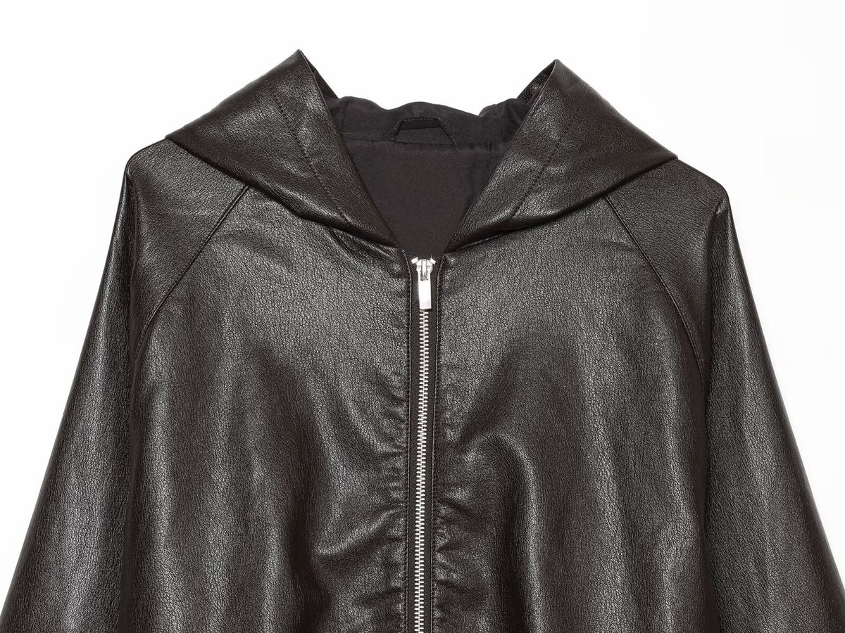 Women's drawstring decorative hooded faux leather Coat