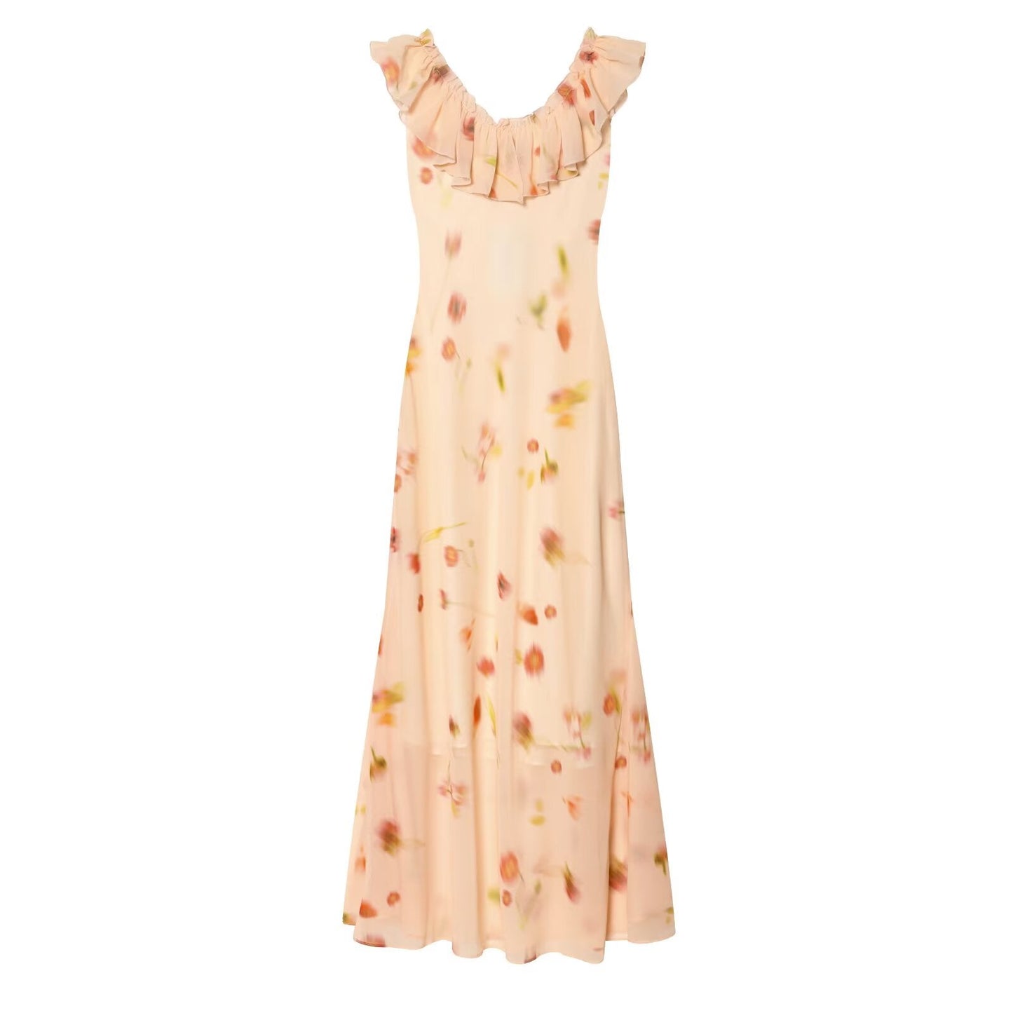 Women's ruffle edge decorative printed MIDI dress