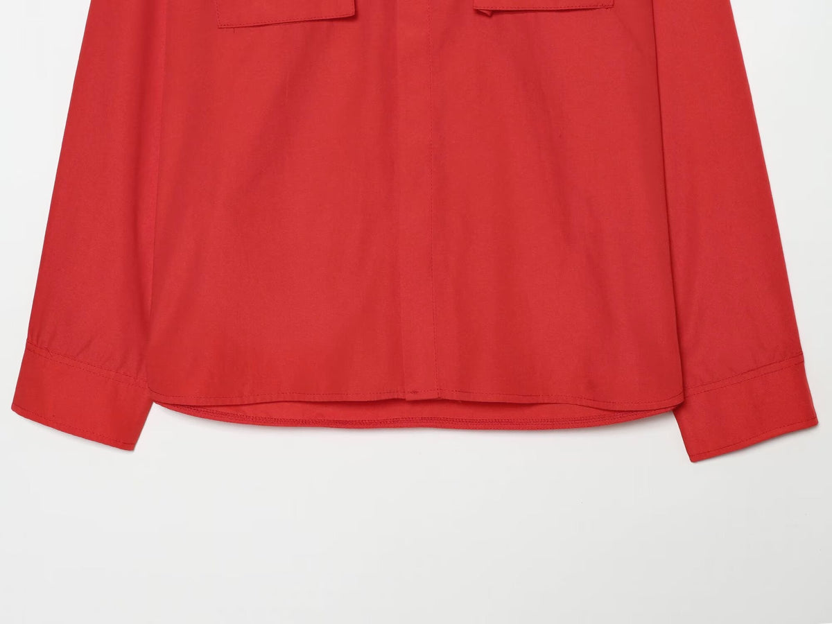 Women's pocket decoration casual stand collar shirt