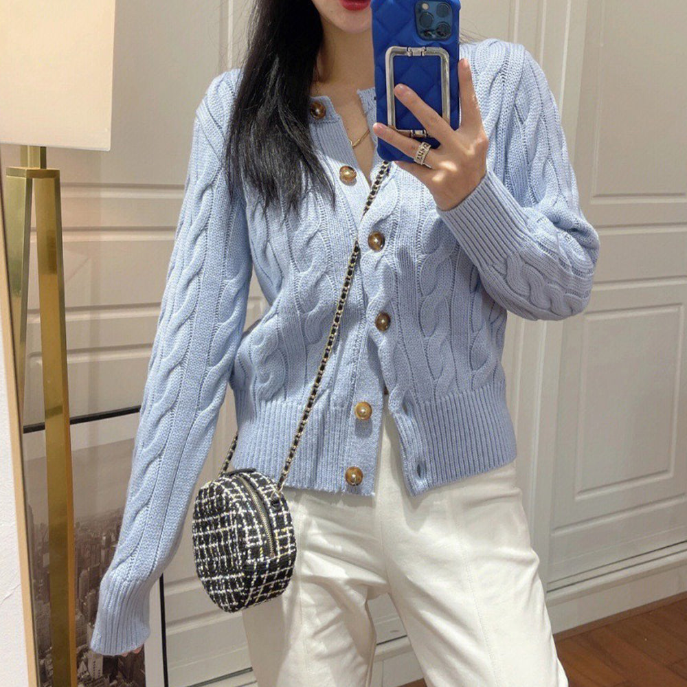 Women's new embroidered wool round neck knitted cardigan sweater