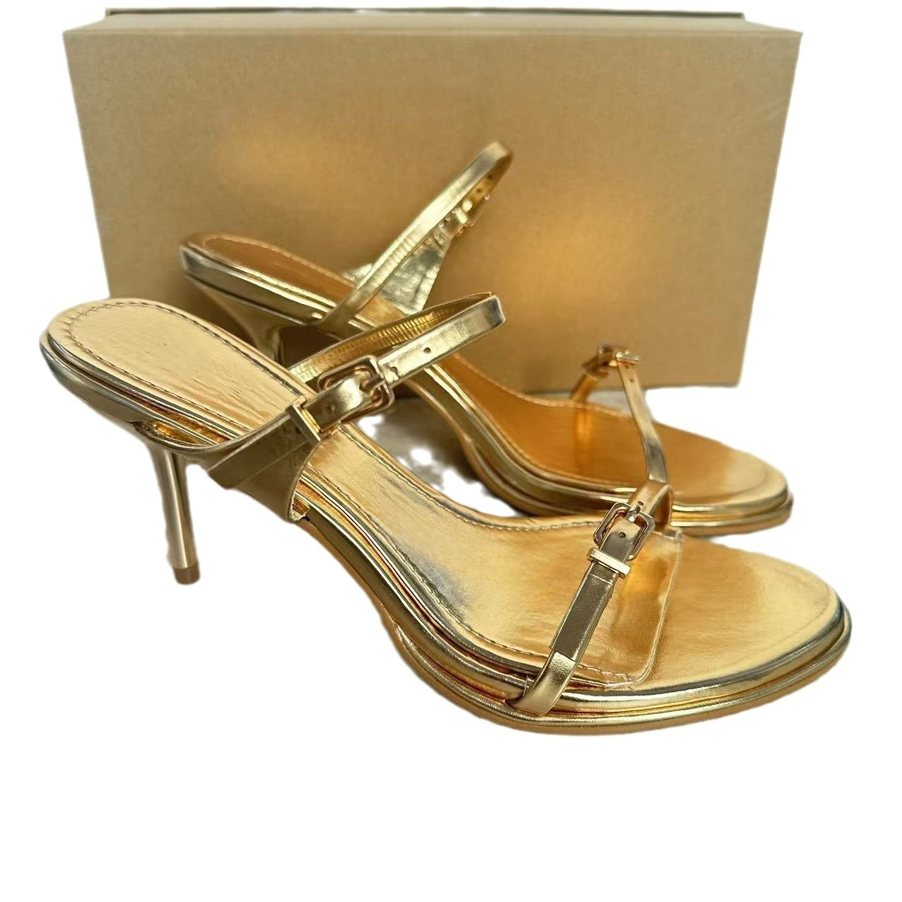 New style single-strap high-heeled round-toe stiletto sandals with metallic double straps