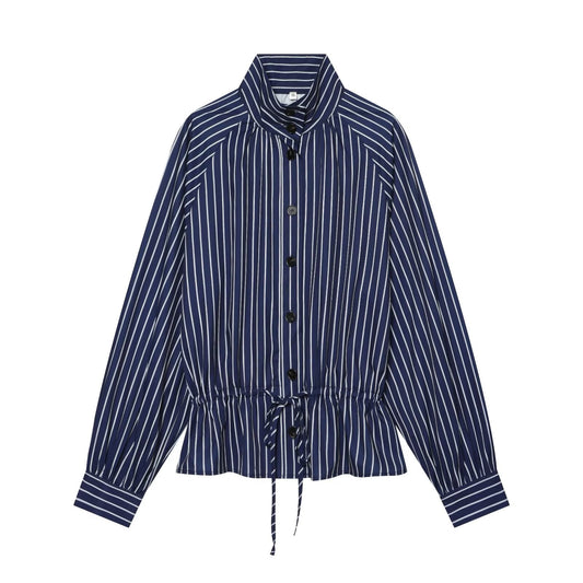 Women's with drawstring striped stand collar shirt