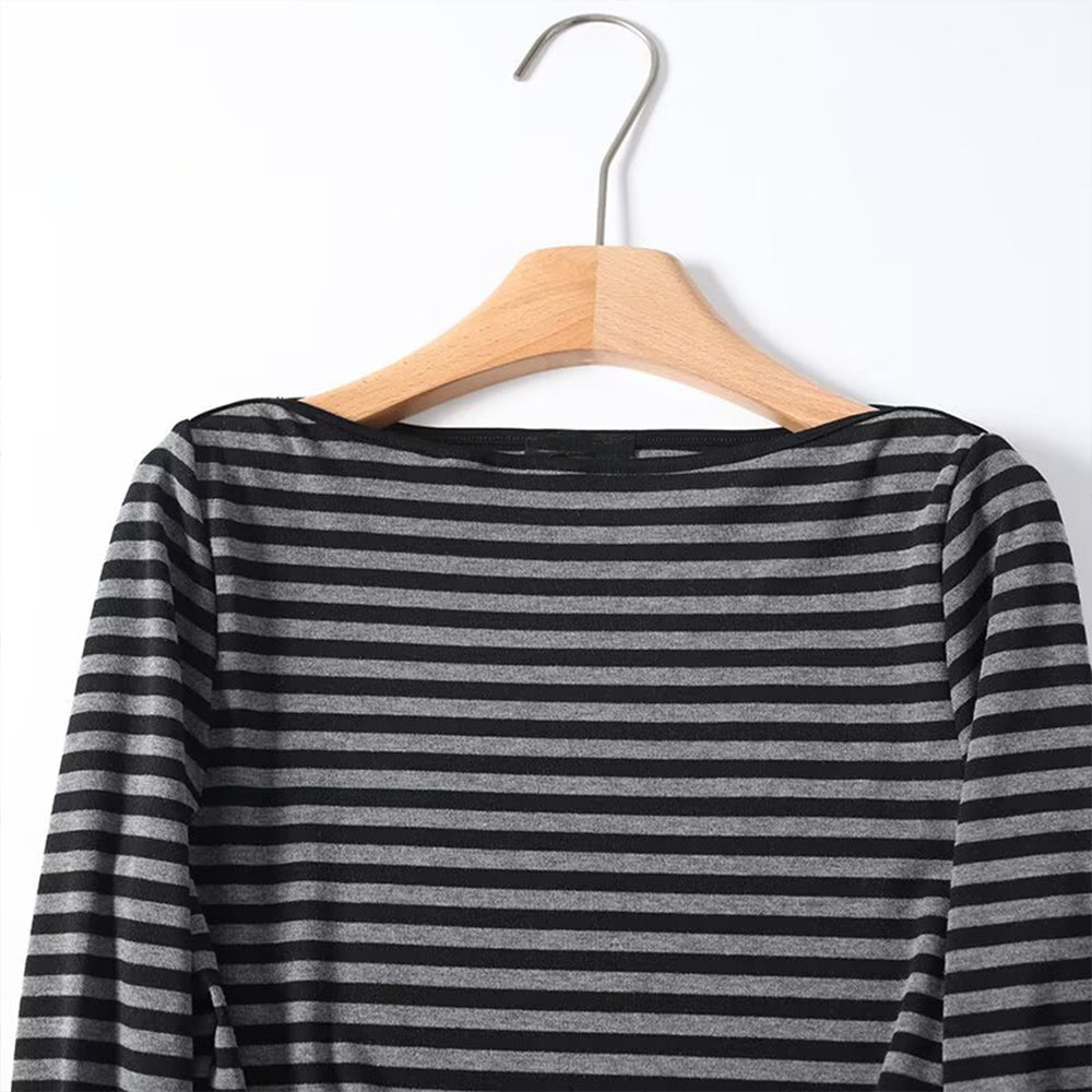 Women's base flat neck striped long sleeved T-shirt