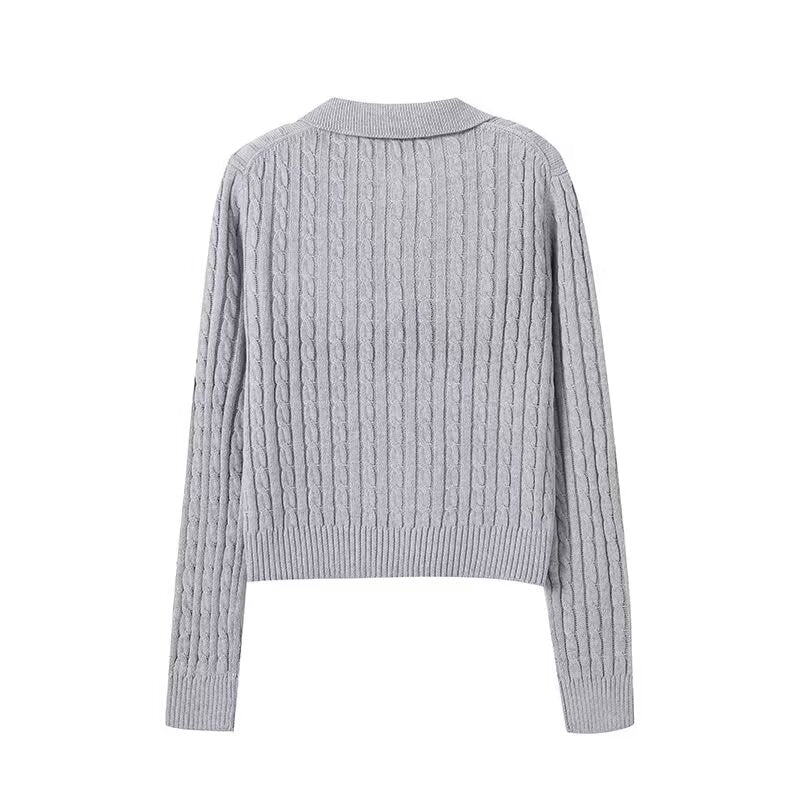 Women's Polo Collar Twisted Flower Knitted Sweater