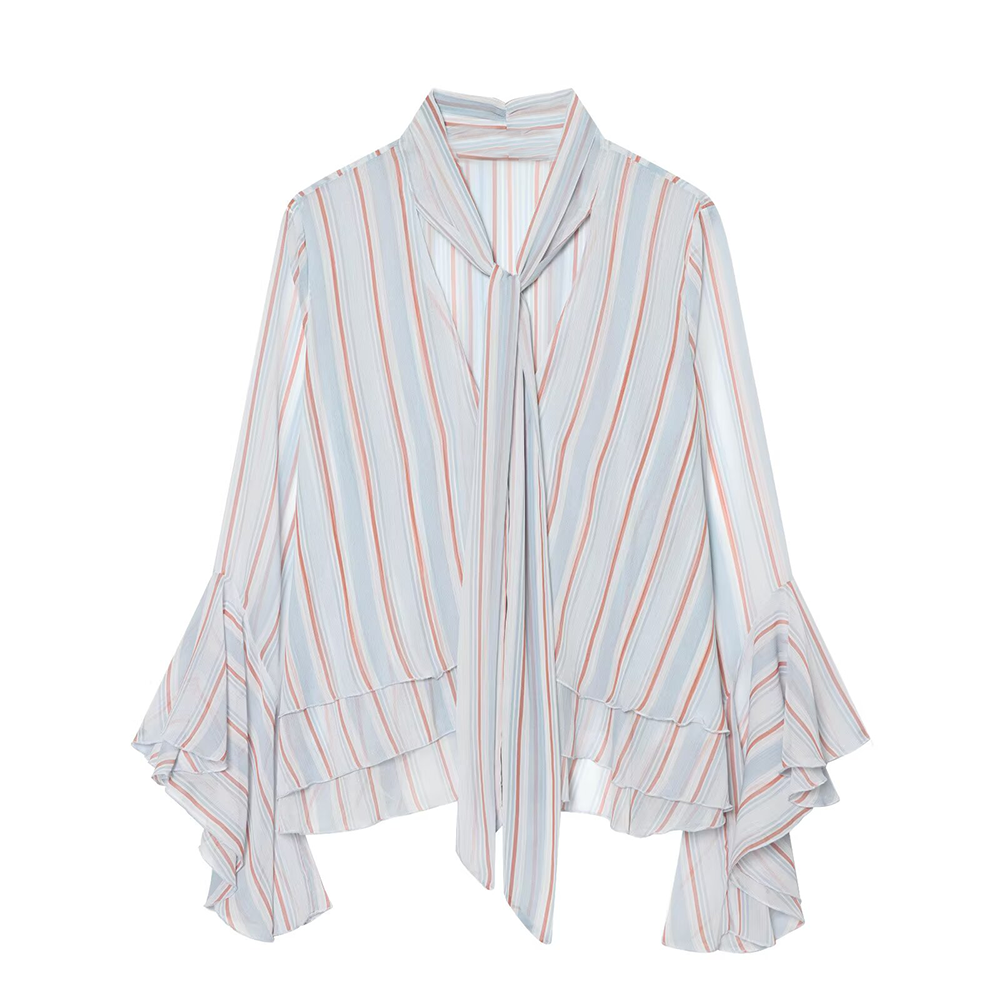 Women's striped ruffle edge ribbon top