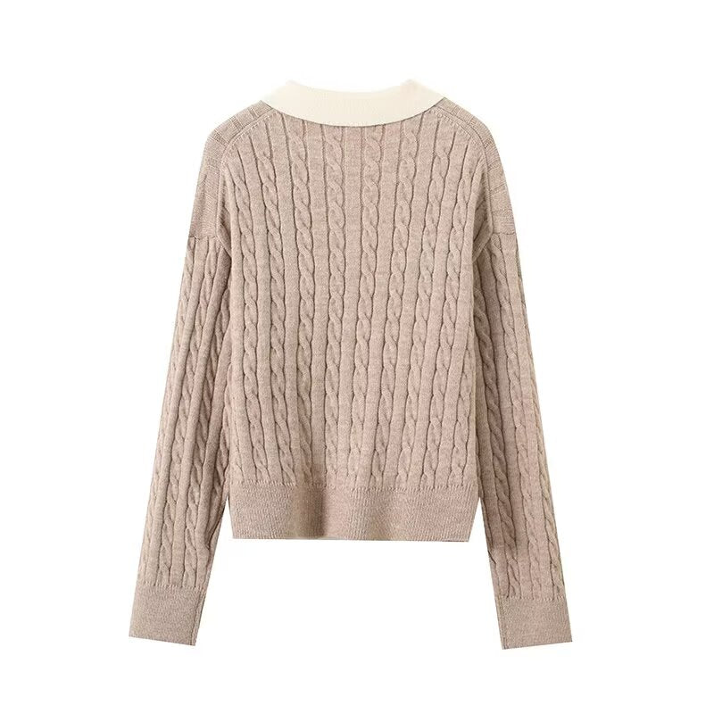 Women's polo collar striped long sleeved knitted sweater