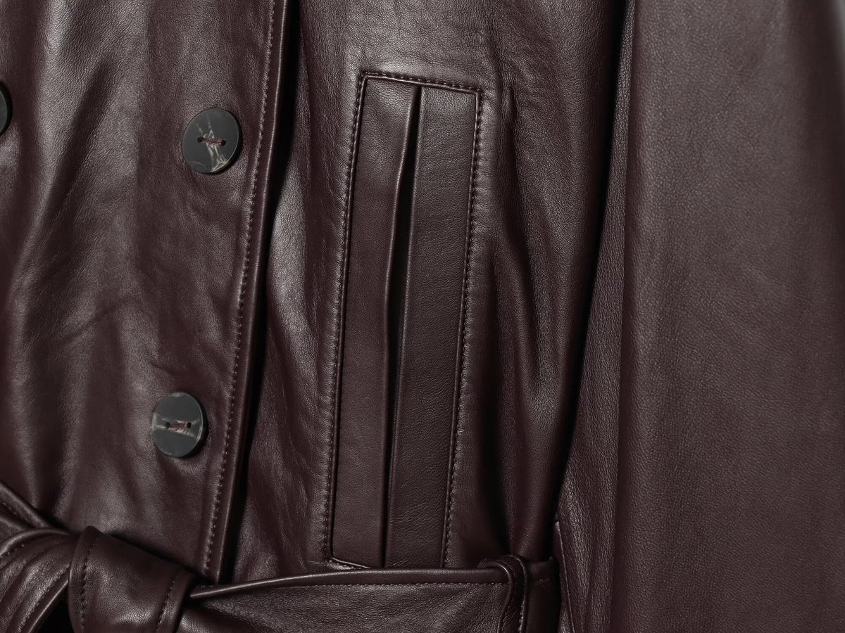 Women's with belt double breasted Faux Leather jacket Coat