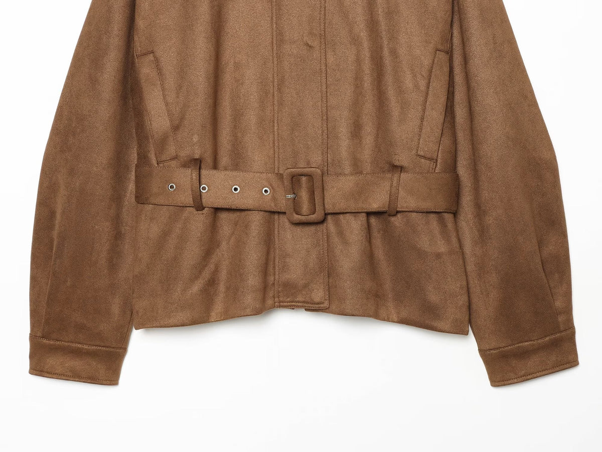 Women's with belt suede leather texture jacket Coat
