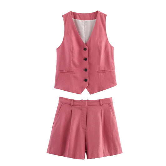 set woman 2 pieces2025 Fashion vest Vintage Female + Flax high waist shorts Women's suit