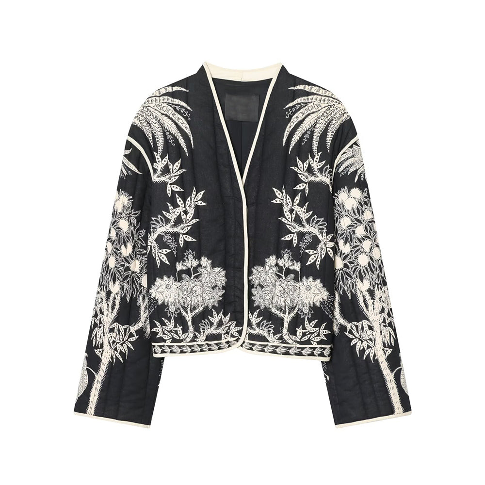 Women's short V-neck printed quilted jacket Coat
