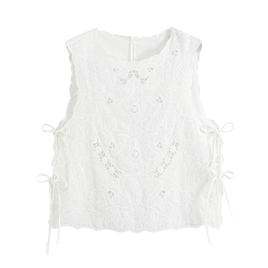 Women's bow decoration hollow embroidery top