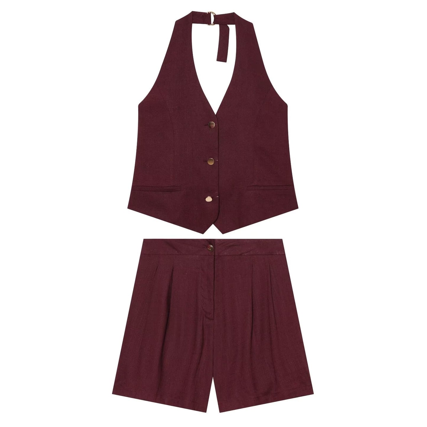 suit Women's 2 pieces linen blended halter neck vest+Shorts