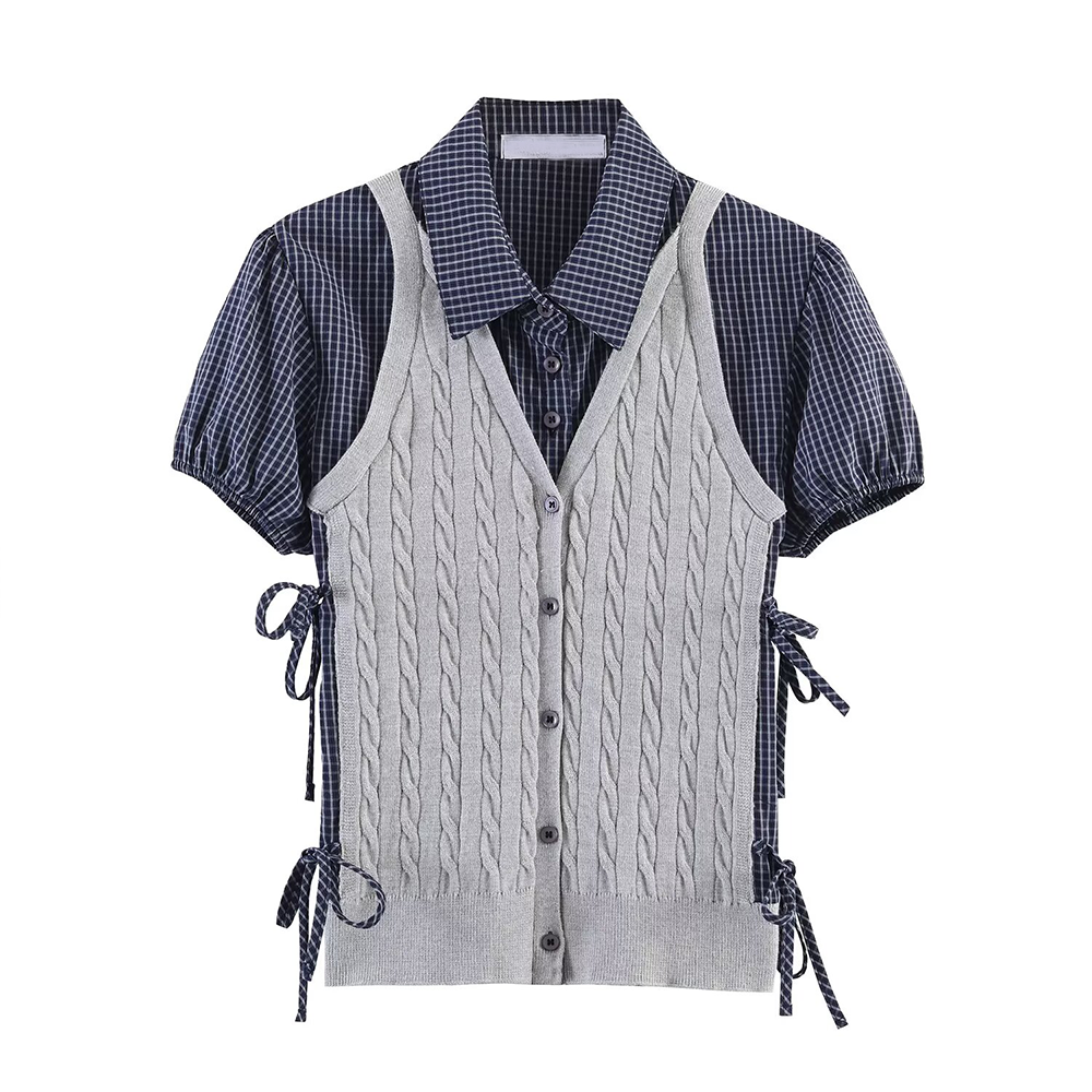 Women's contrasting spliced twisted checkered knit sweater