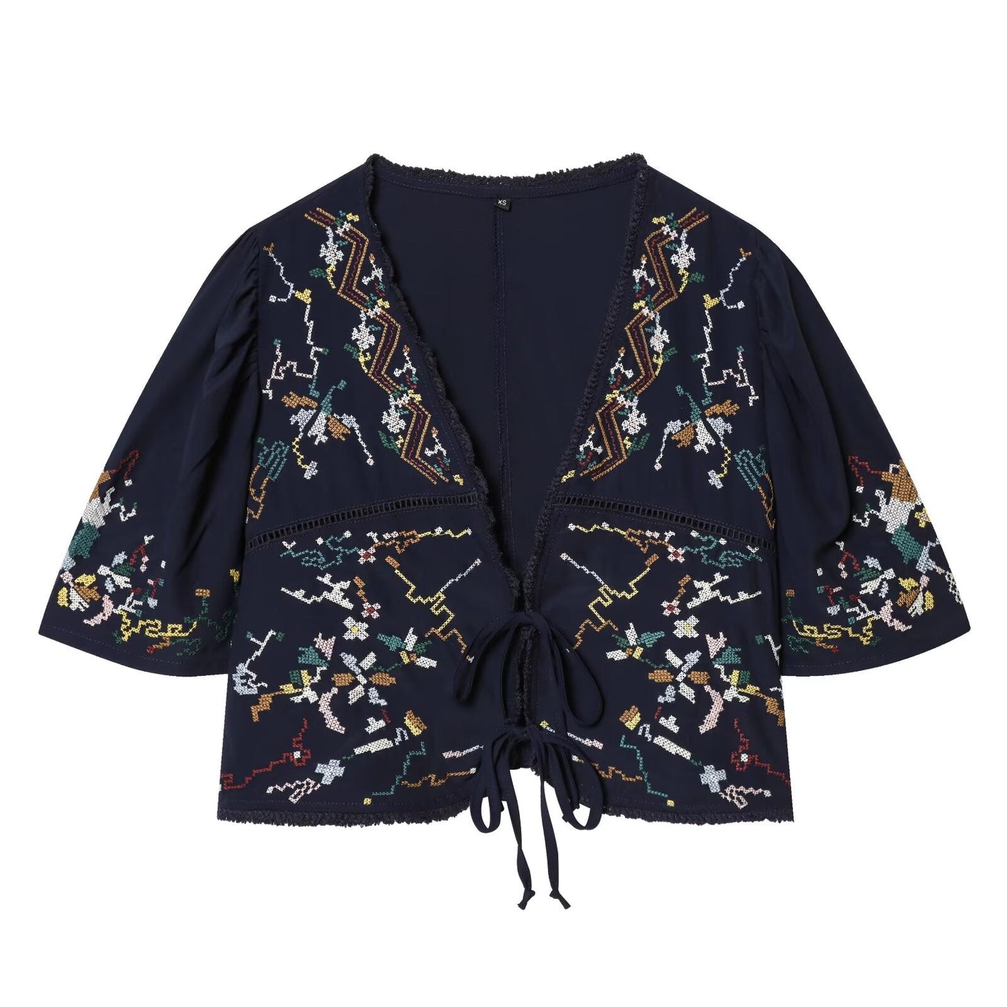 Women's floral embroidery short V-neck top