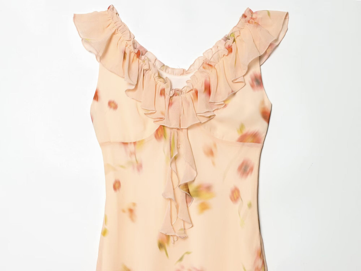 Women's ruffle edge decorative printed MIDI dress