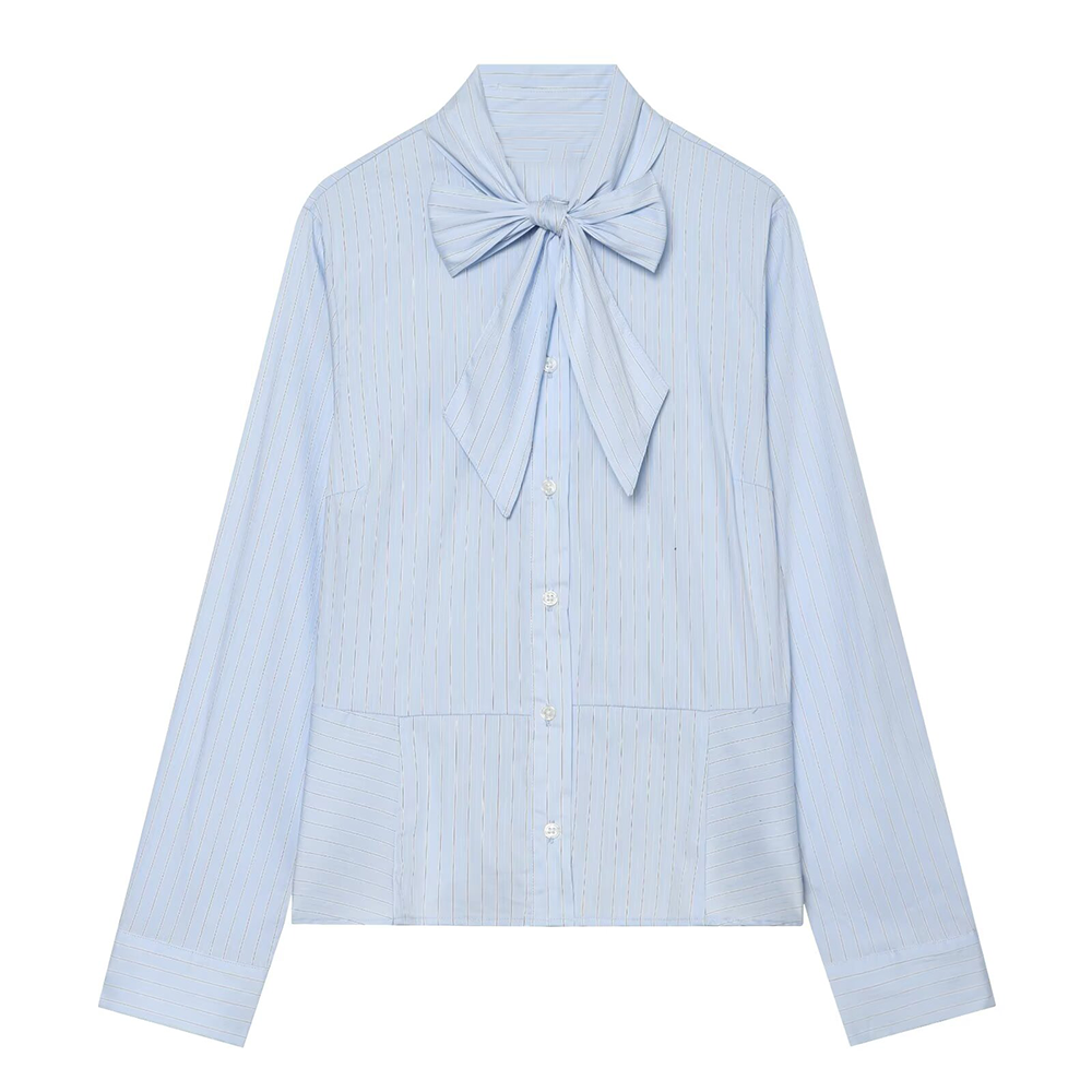 Women's bow decoration stand collar striped shirt