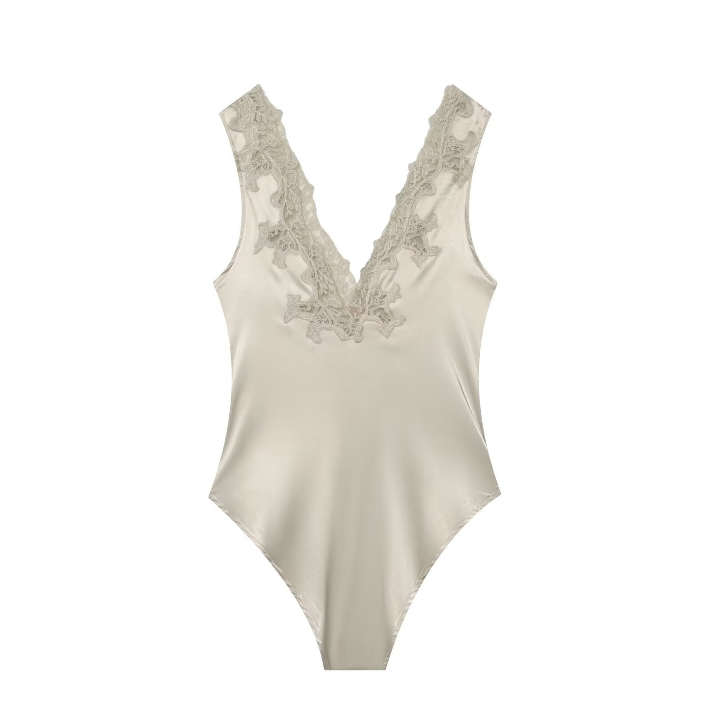 Women's lace decorated satin textured bodysuit