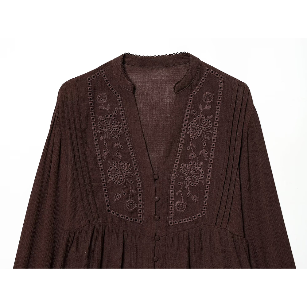 Women's V-neck pleated embroidered shirt