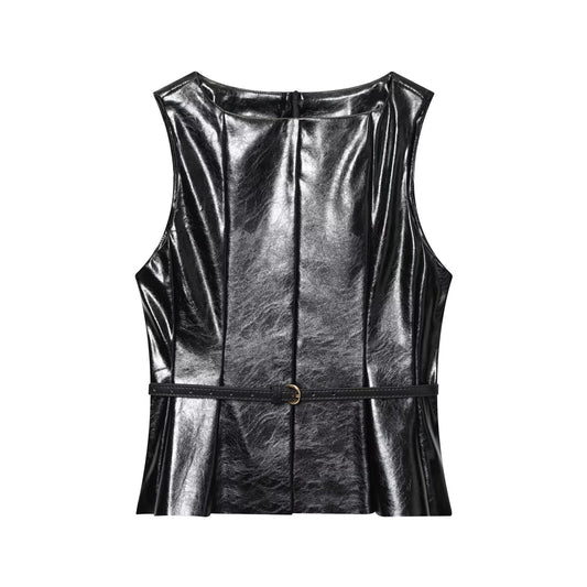 Women's new with Belt sleeveless faux leather effect vest top