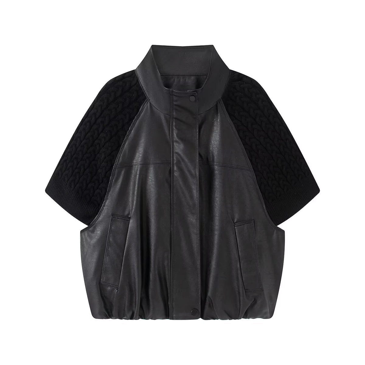 Women's casual knitted patchwork Faux Leather Coat