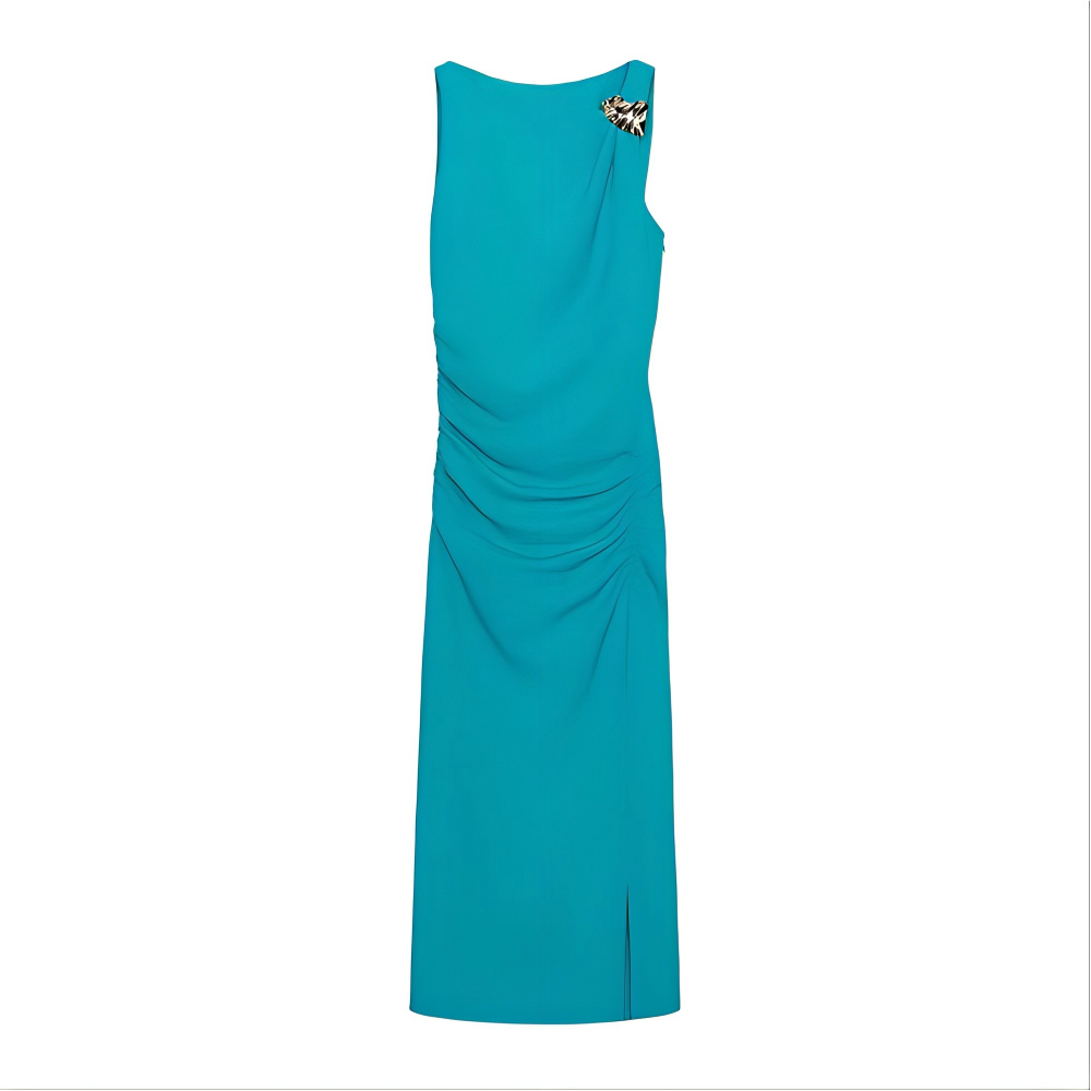 Women's slit design pleated Midi dress