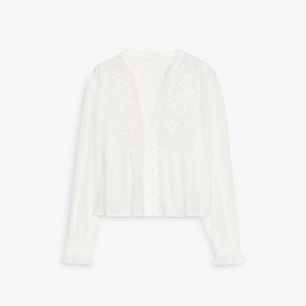 Women's V-neck pleated embroidered shirt