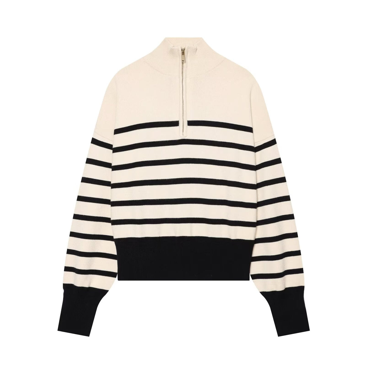 Women's soft textured zipper striped knitted sweater