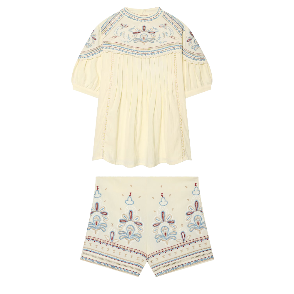 suit Women's 2 pieces linen blend embroidered top+Shorts