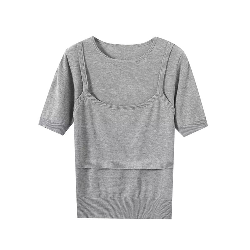 Women's patchwork short sleeved knitted T-shirt top
