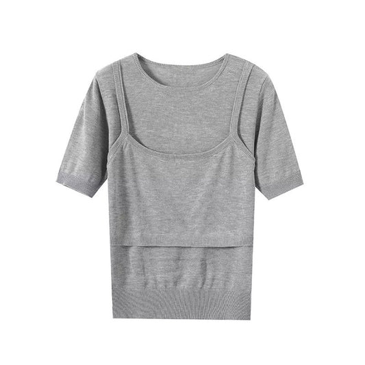 Women's patchwork short sleeved knitted T-shirt top
