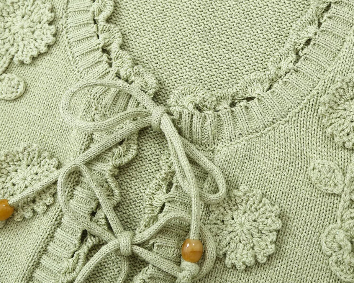 Women's flower decorated U-shaped collar tied knit cardigan