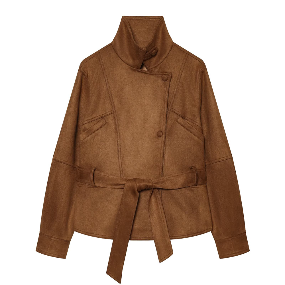 Women's with belt suede short slim jacket Coat