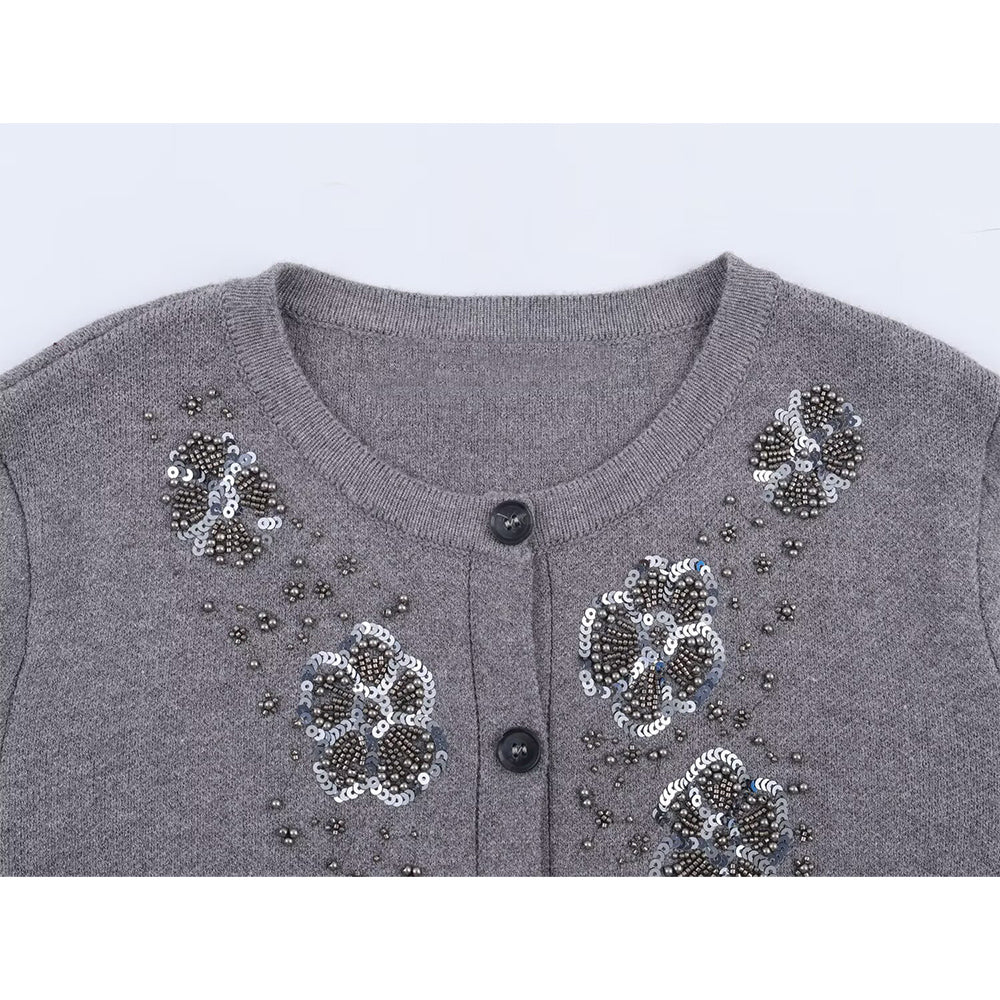 Women's bead decoration O Neck knitted Coat