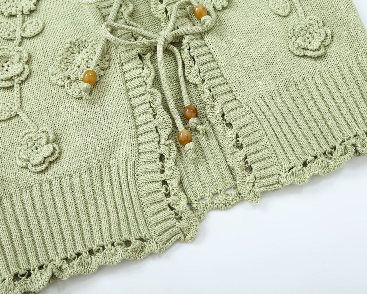 Women's flower decorated U-shaped collar tied knit cardigan