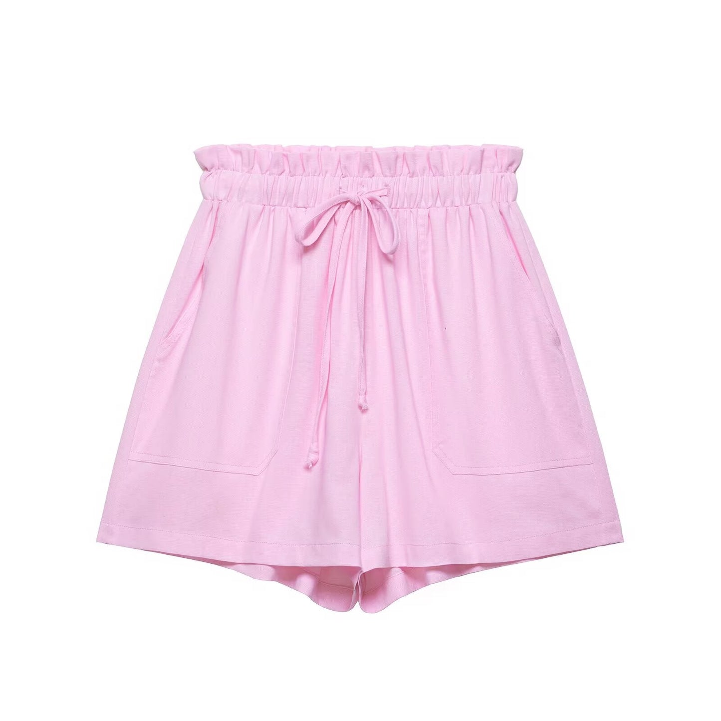 suit Women's 2 pieces pocket decoration linen blend shirt+shorts