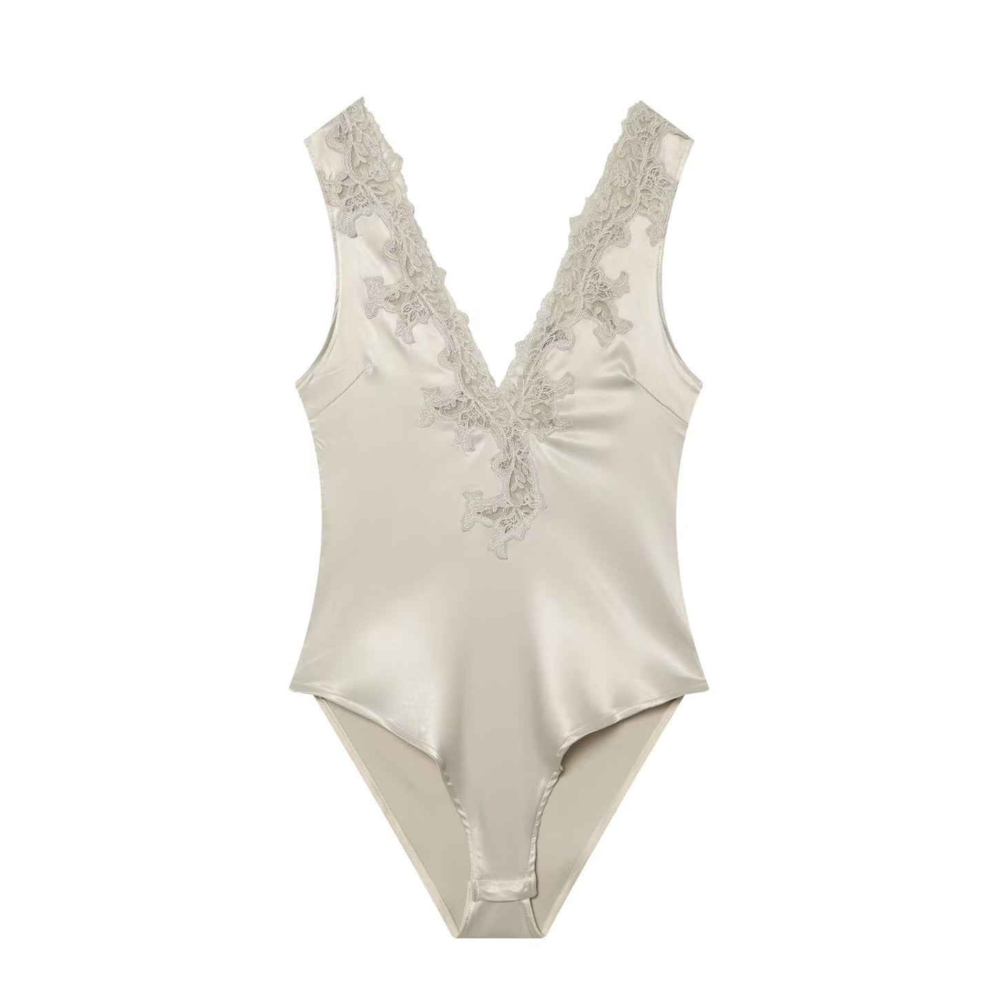 Women's lace decorated satin textured bodysuit