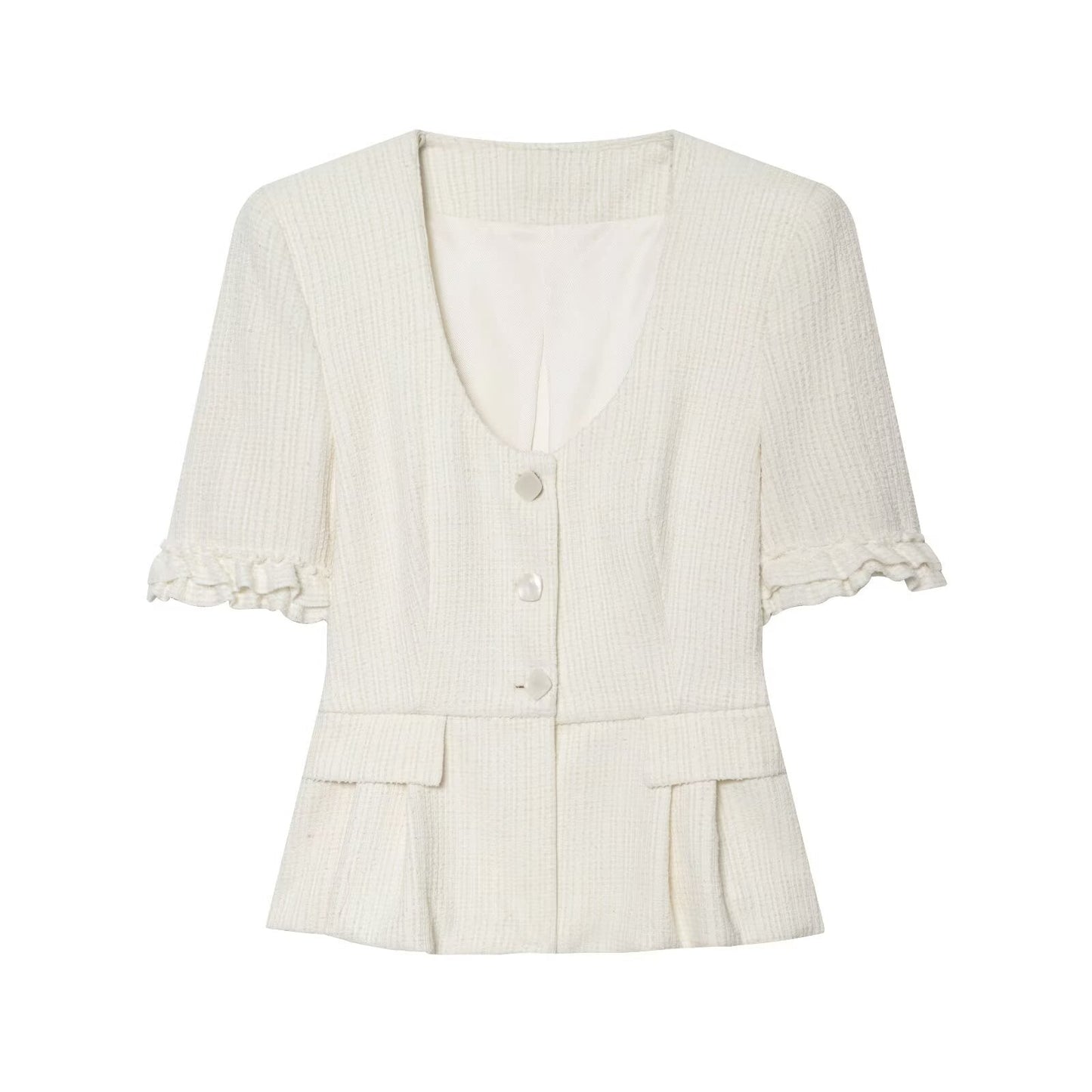 suit Women's 2 pieces short sleeved layered decorative hem Coat+flared pants