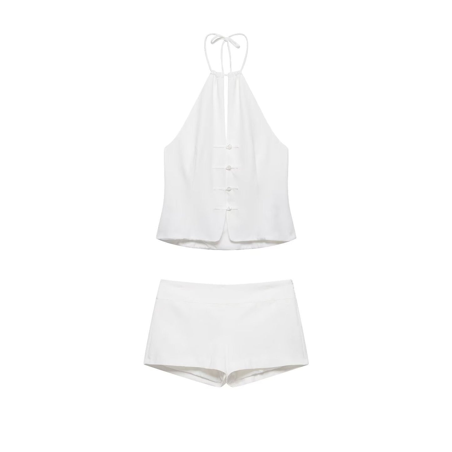 suit Women's 2 pieces buckle decoration hanging neck top+shorts