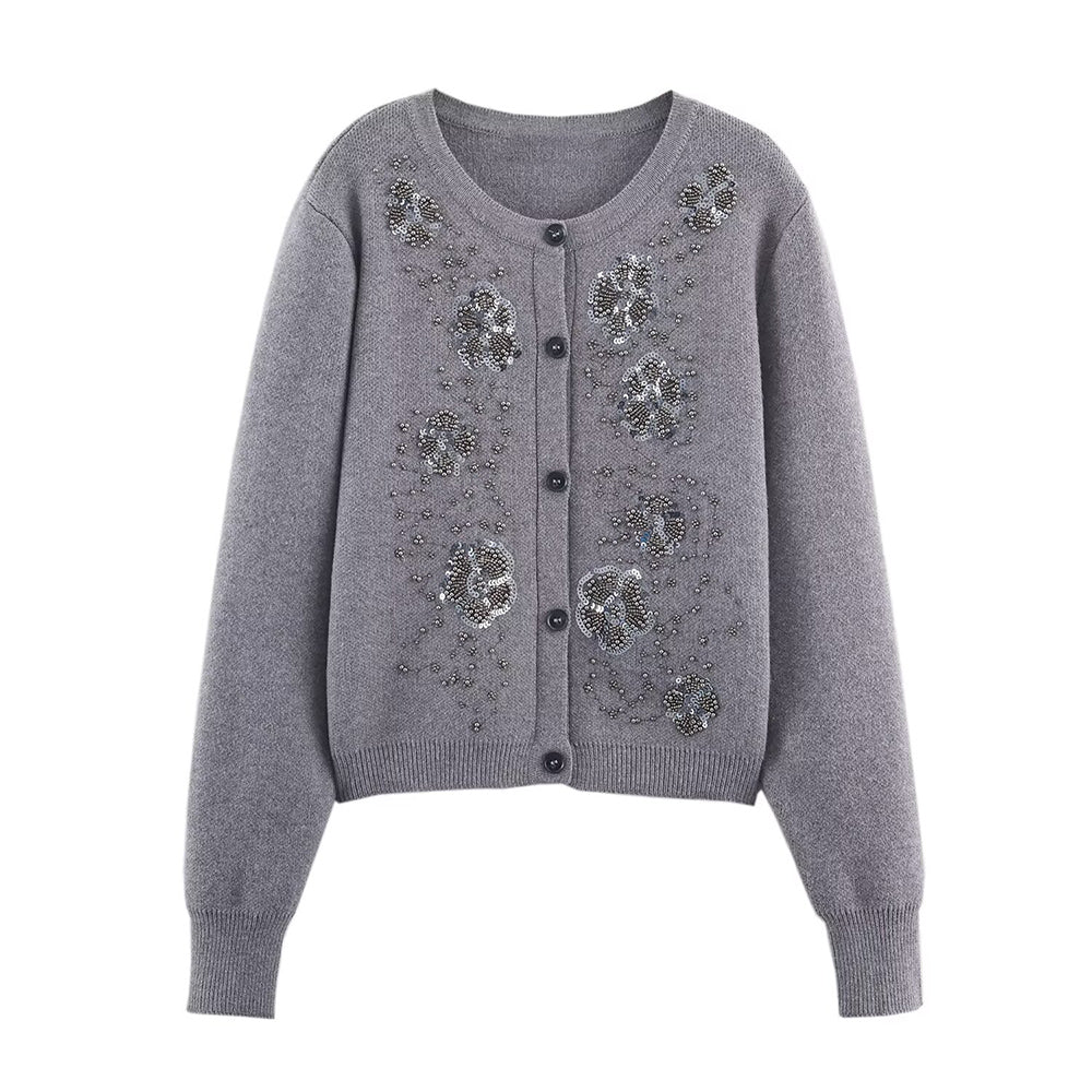 Women's bead decoration O Neck knitted Coat