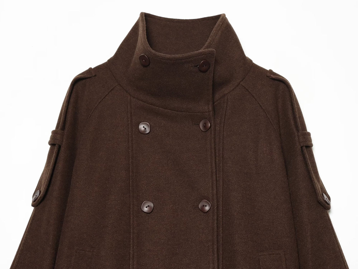 Women's standing collar double breasted woolen Coat