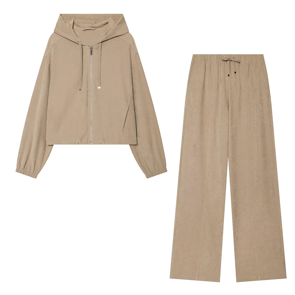 suit Women's 2 pieces long sleeved hooded zipper pilot jacket+wide leg pants