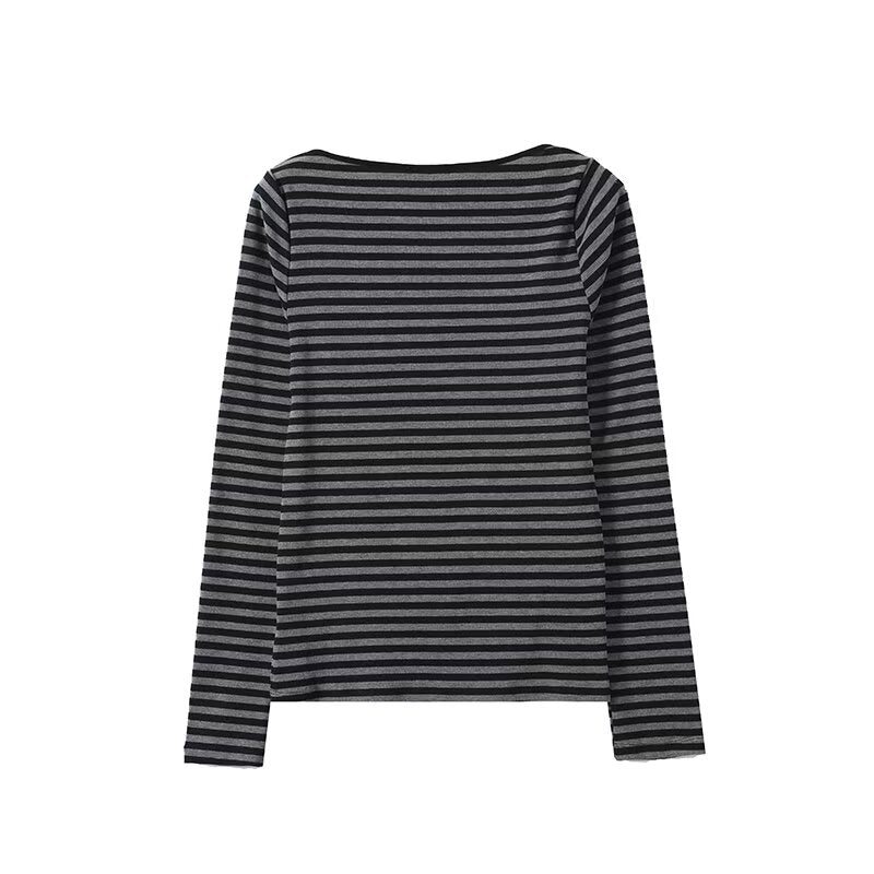 Women's base flat neck striped long sleeved T-shirt