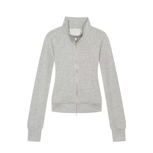 Women's slim stand collar double zipper Coat